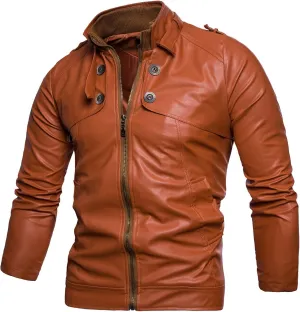 Leather Jacket Men Stand Collar Moto Jacket Zip up Biker Jacket Waterproof Windproof Winter Jacket with Zipper Pocket