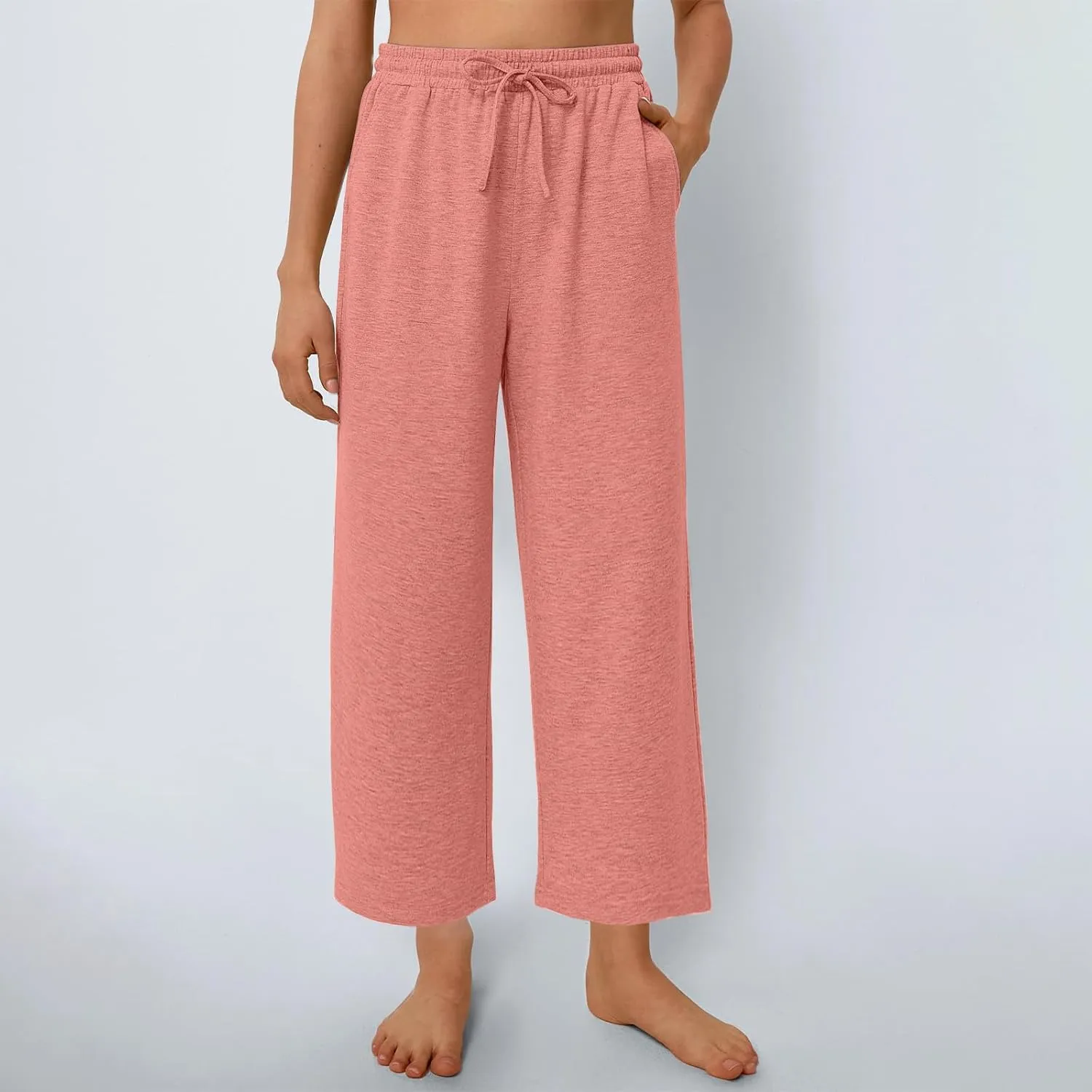 LEMONONSTORE 2025 Cotton Linen Capri Wide Leg Pants for Women Elastic Waist Dressy Shorts Flowy Ankle Trousers with Pockets