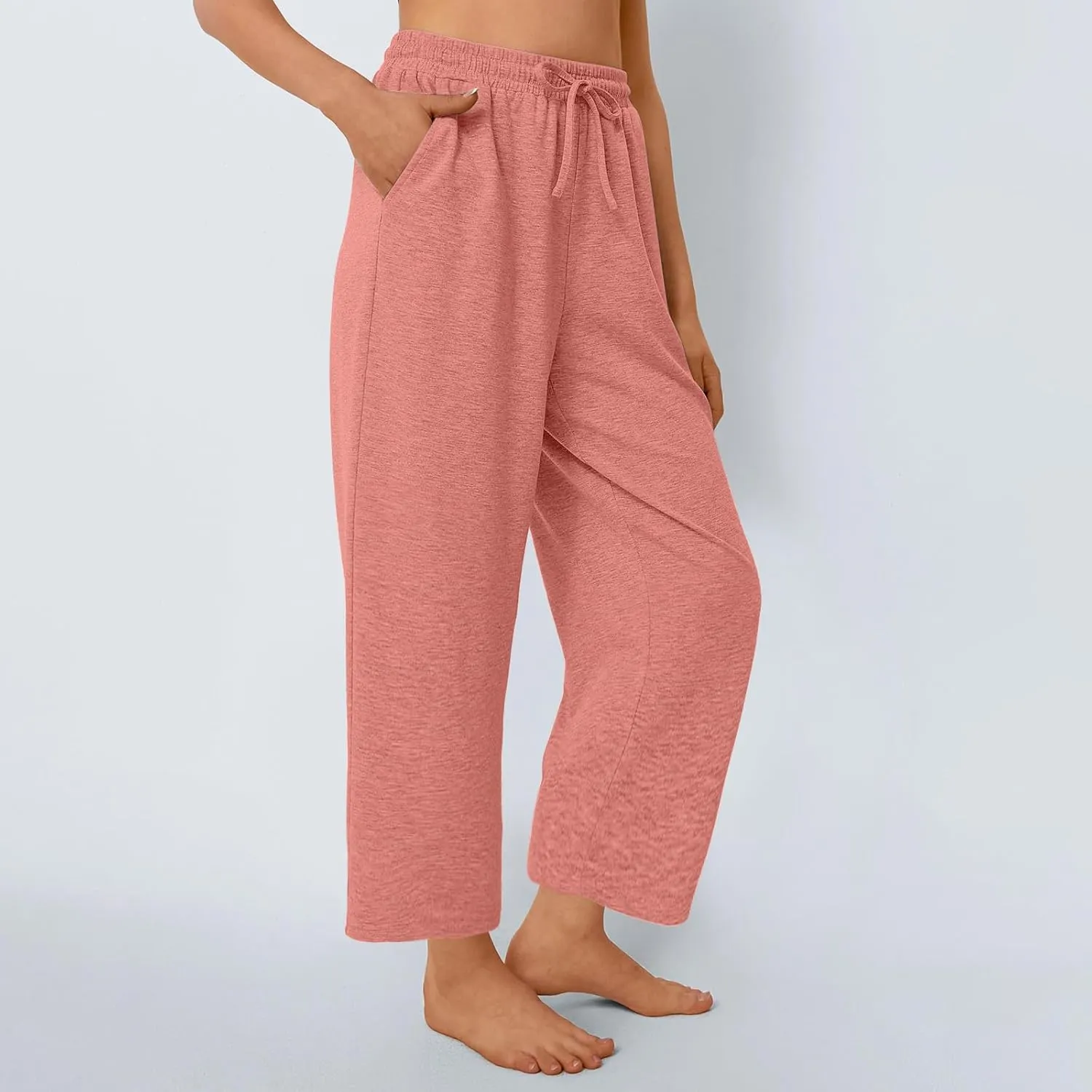 LEMONONSTORE 2025 Cotton Linen Capri Wide Leg Pants for Women Elastic Waist Dressy Shorts Flowy Ankle Trousers with Pockets