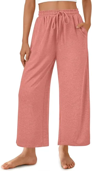 LEMONONSTORE 2025 Cotton Linen Capri Wide Leg Pants for Women Elastic Waist Dressy Shorts Flowy Ankle Trousers with Pockets