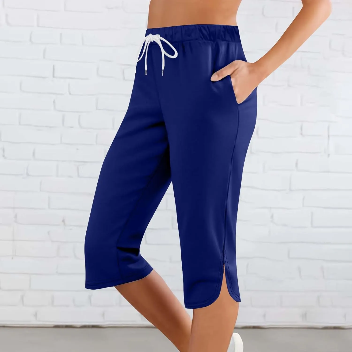 LEMONONSTORE 2025 Trendy Women Bermuda Shorts Elastic Waist Drawstring SweatShorts Workout Travel Capri Pants with Pockets
