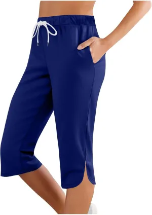 LEMONONSTORE 2025 Trendy Women Bermuda Shorts Elastic Waist Drawstring SweatShorts Workout Travel Capri Pants with Pockets