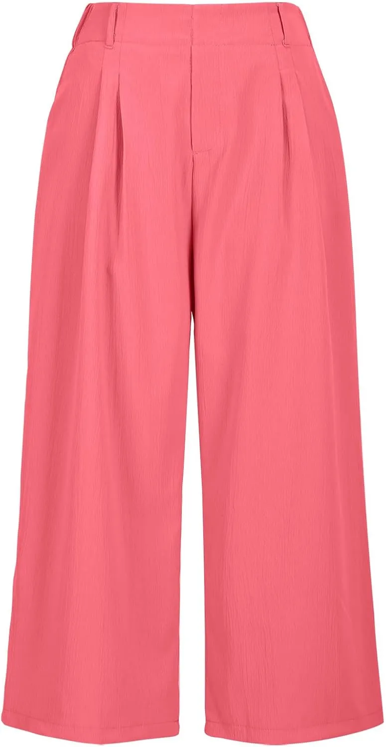 LEMONONSTORE Capri Pants for Women Pleated Wide Leg Ankle-Length Dressy Work Pants with Pockets High-Waist Loose Trousers