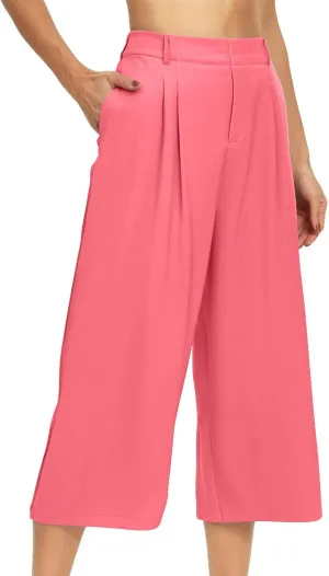 LEMONONSTORE Capri Pants for Women Pleated Wide Leg Ankle-Length Dressy Work Pants with Pockets High-Waist Loose Trousers
