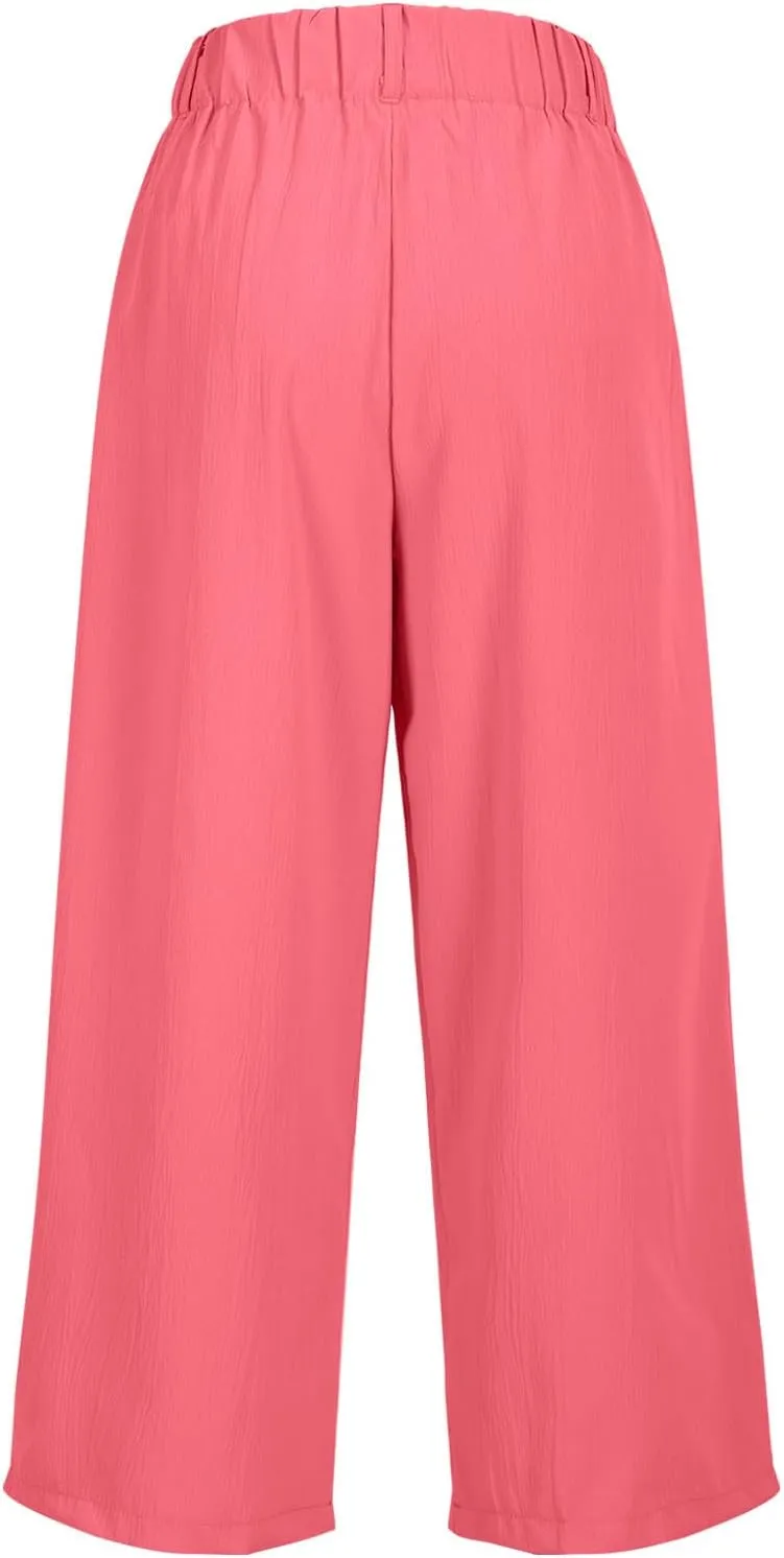 LEMONONSTORE Capri Pants for Women Pleated Wide Leg Ankle-Length Dressy Work Pants with Pockets High-Waist Loose Trousers