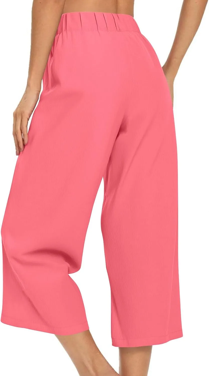 LEMONONSTORE Capri Pants for Women Pleated Wide Leg Ankle-Length Dressy Work Pants with Pockets High-Waist Loose Trousers