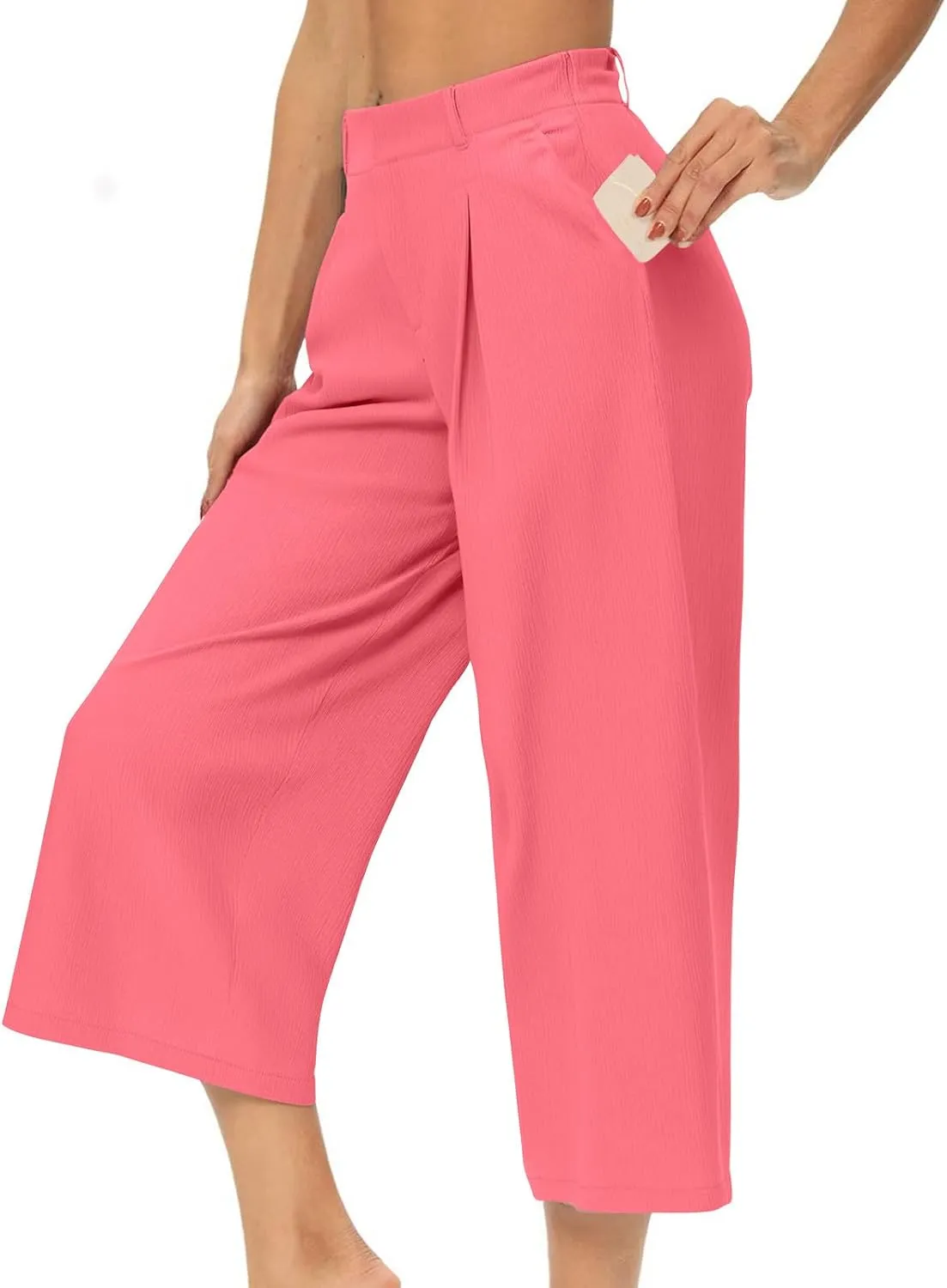 LEMONONSTORE Capri Pants for Women Pleated Wide Leg Ankle-Length Dressy Work Pants with Pockets High-Waist Loose Trousers
