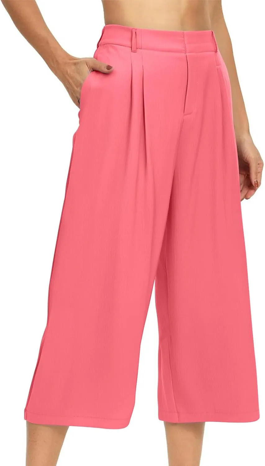 LEMONONSTORE Capri Pants for Women Pleated Wide Leg Ankle-Length Dressy Work Pants with Pockets High-Waist Loose Trousers