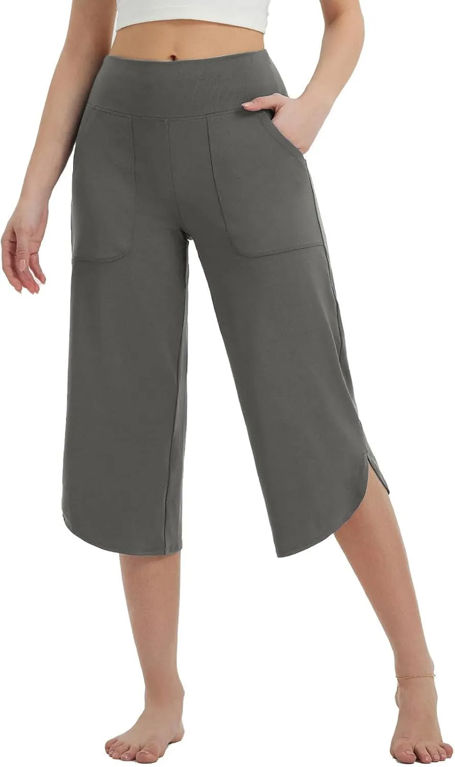 LEMONONSTORE High Waist Wide Leg Yoge Capri Pants for Women Loose Casual Knee-Length Lounge Straight Gym Shorts with Pockets