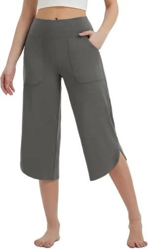 LEMONONSTORE High Waist Wide Leg Yoge Capri Pants for Women Loose Casual Knee-Length Lounge Straight Gym Shorts with Pockets