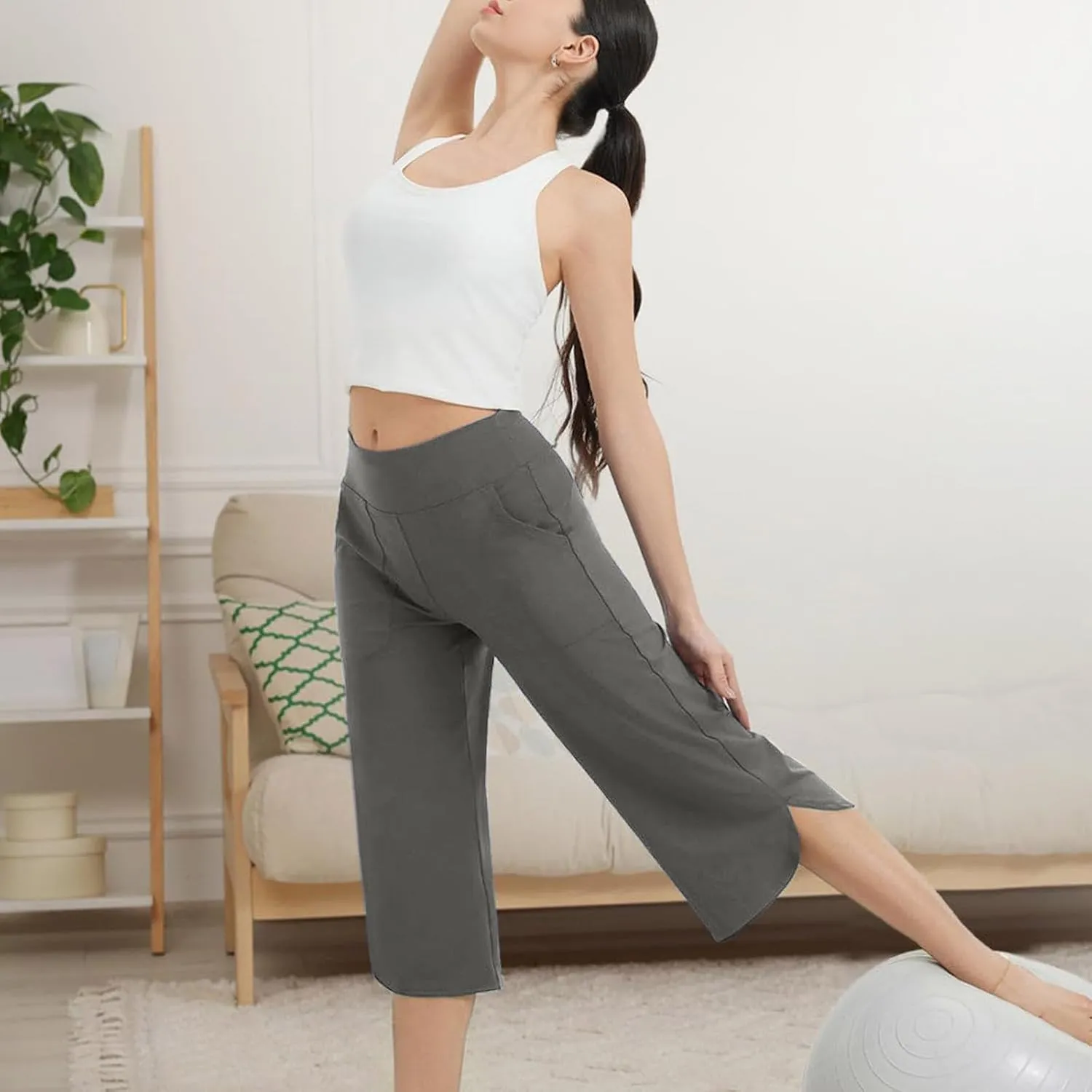 LEMONONSTORE High Waist Wide Leg Yoge Capri Pants for Women Loose Casual Knee-Length Lounge Straight Gym Shorts with Pockets