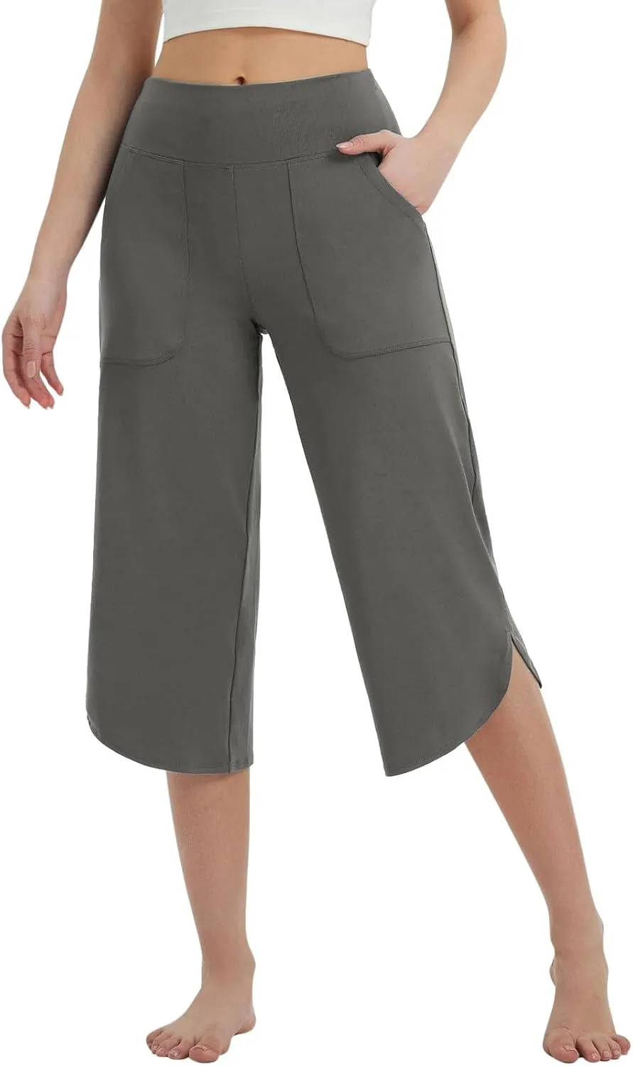 LEMONONSTORE High Waist Wide Leg Yoge Capri Pants for Women Loose Casual Knee-Length Lounge Straight Gym Shorts with Pockets