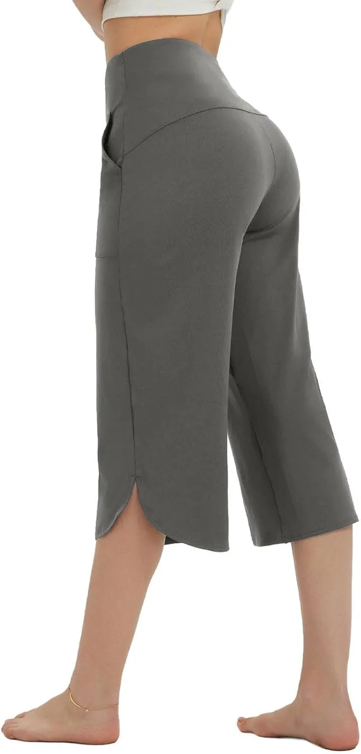 LEMONONSTORE High Waist Wide Leg Yoge Capri Pants for Women Loose Casual Knee-Length Lounge Straight Gym Shorts with Pockets