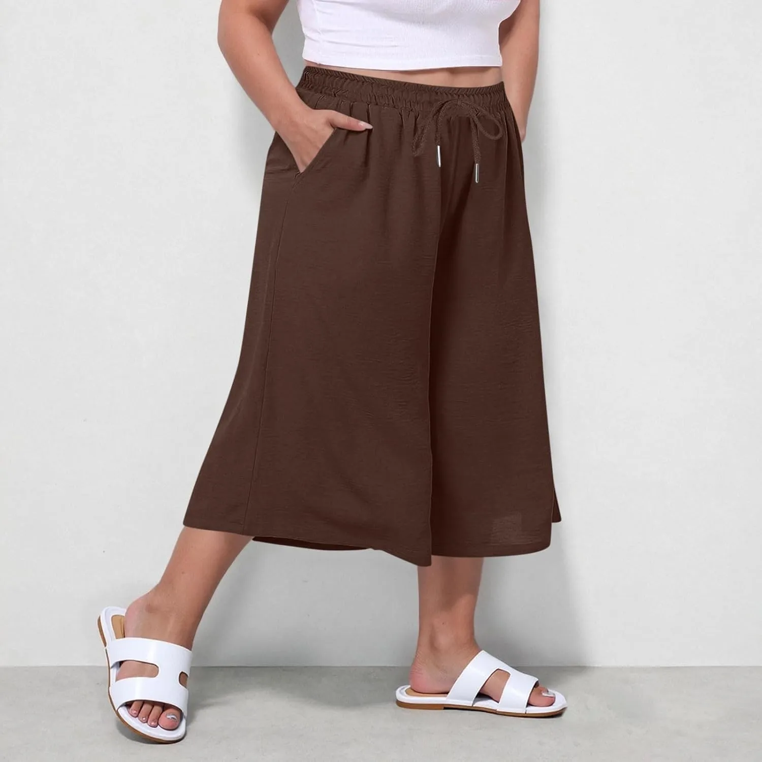 LEMONONSTORE Plus Size Women Boho Summer Capris Elastic Waist Wide Leg Straight Cropped Pants Casual Loose Below-Knee Shorts