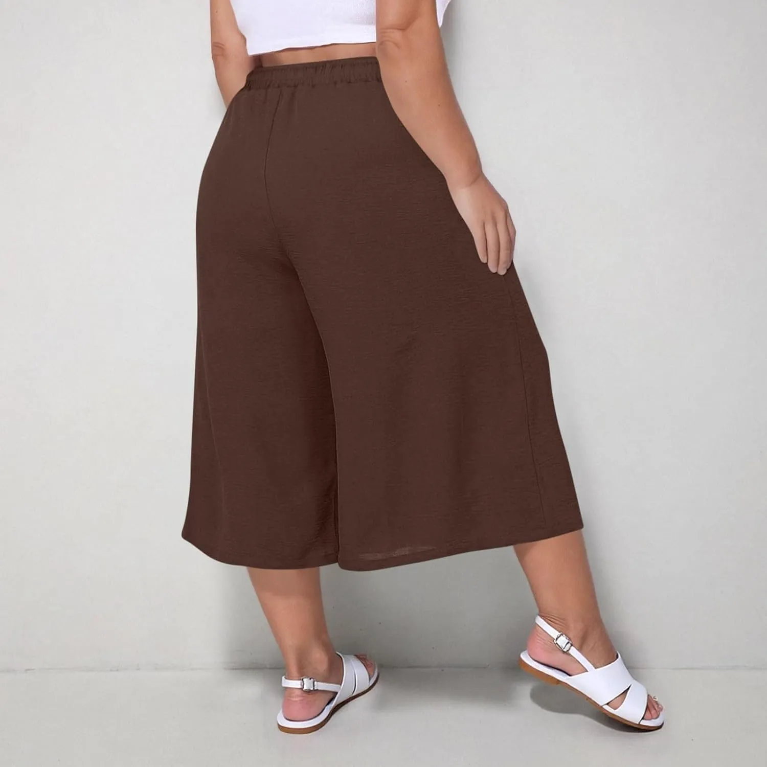 LEMONONSTORE Plus Size Women Boho Summer Capris Elastic Waist Wide Leg Straight Cropped Pants Casual Loose Below-Knee Shorts