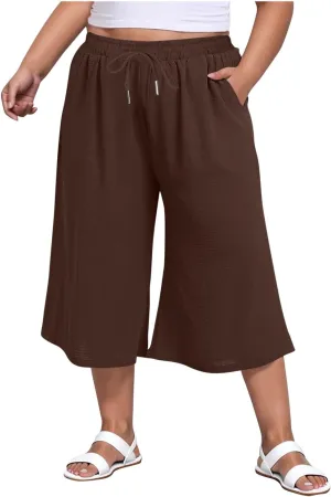 LEMONONSTORE Plus Size Women Boho Summer Capris Elastic Waist Wide Leg Straight Cropped Pants Casual Loose Below-Knee Shorts