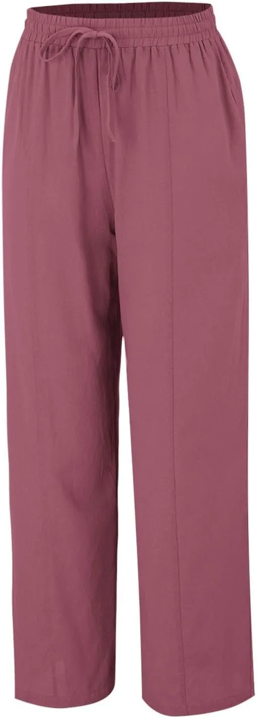 Linen Pants Women 2025 Summer Beach Lounge Palazzo Trousers Loose Elastic Plus Size Drawstring with Pockets Pants