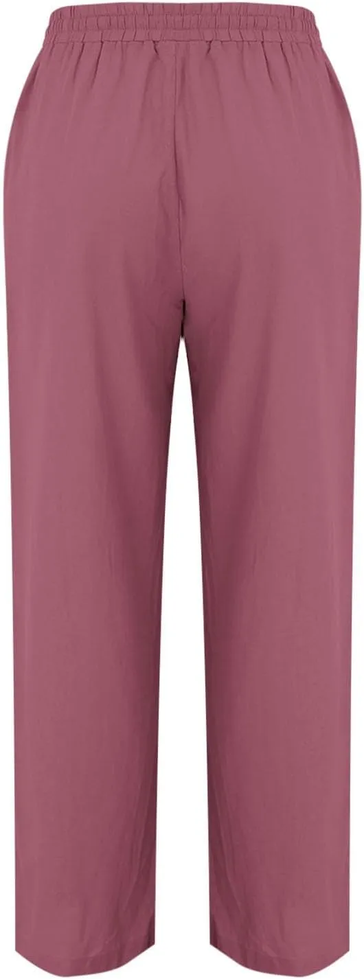 Linen Pants Women 2025 Summer Beach Lounge Palazzo Trousers Loose Elastic Plus Size Drawstring with Pockets Pants