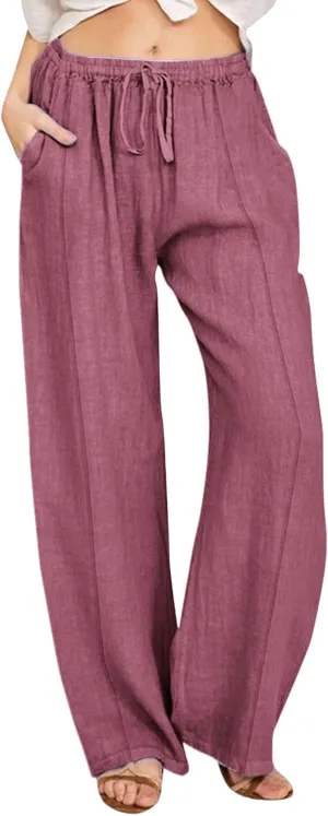 Linen Pants Women 2025 Summer Beach Lounge Palazzo Trousers Loose Elastic Plus Size Drawstring with Pockets Pants
