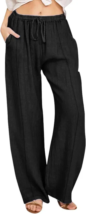 Linen Pants Women 2025 Summer Beach Lounge Palazzo Trousers Loose Elastic Plus Size Drawstring with Pockets Pants
