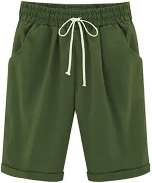 Linen Shorts for Women High Waisted Bermuda Shorts Summer Casual Knee Length Shorts Beach Athletic Shorts with Pocket