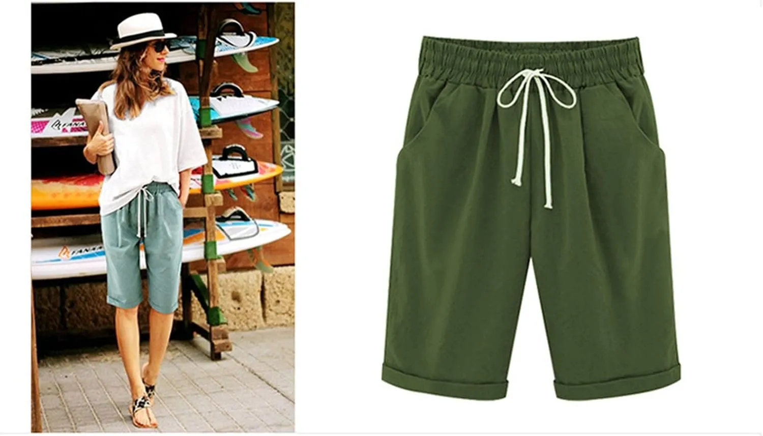 Linen Shorts for Women High Waisted Bermuda Shorts Summer Casual Knee Length Shorts Beach Athletic Shorts with Pocket