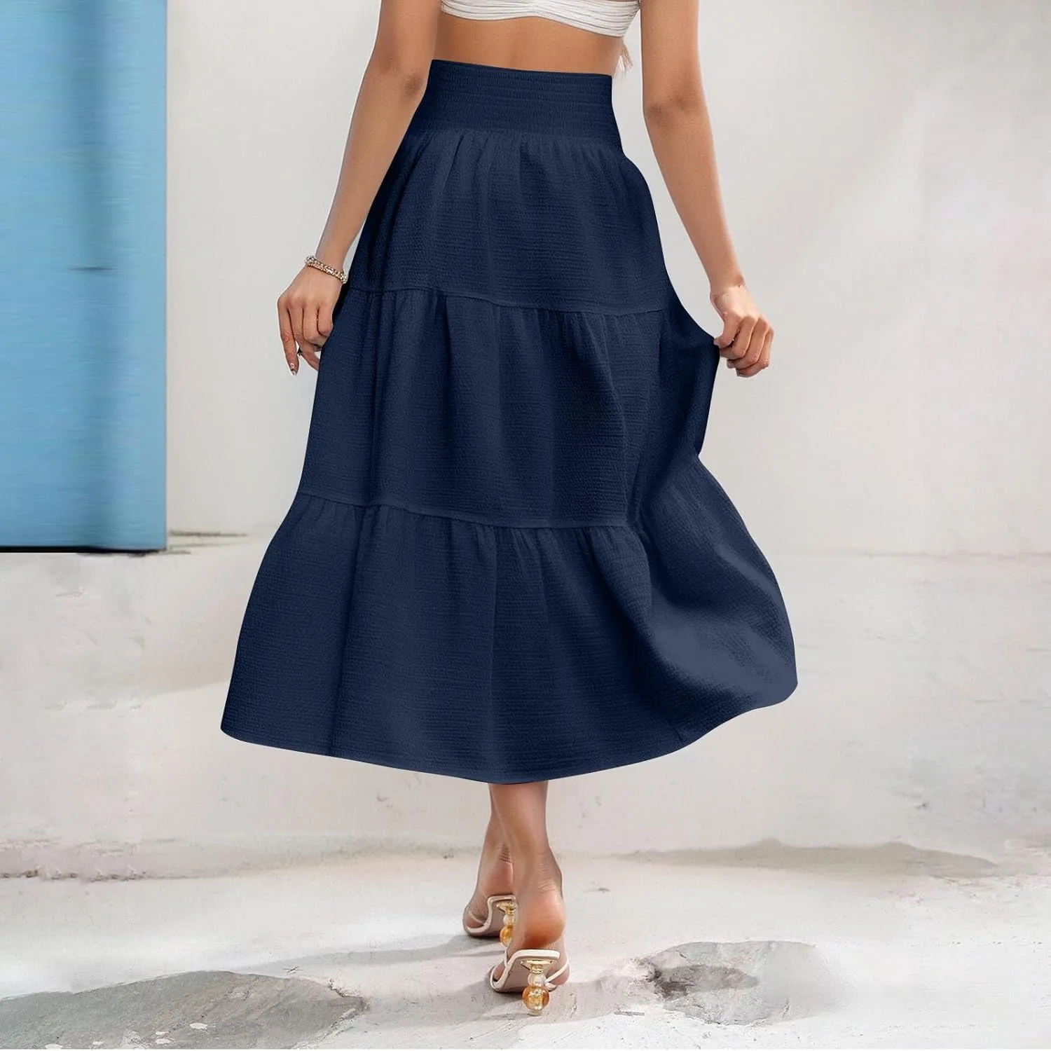 Linen Skirts for Women Smocked High Waisted Tiered Maxi Skirts Boho Summer Midi Length a Line Ruffle Long Flowy Skirts