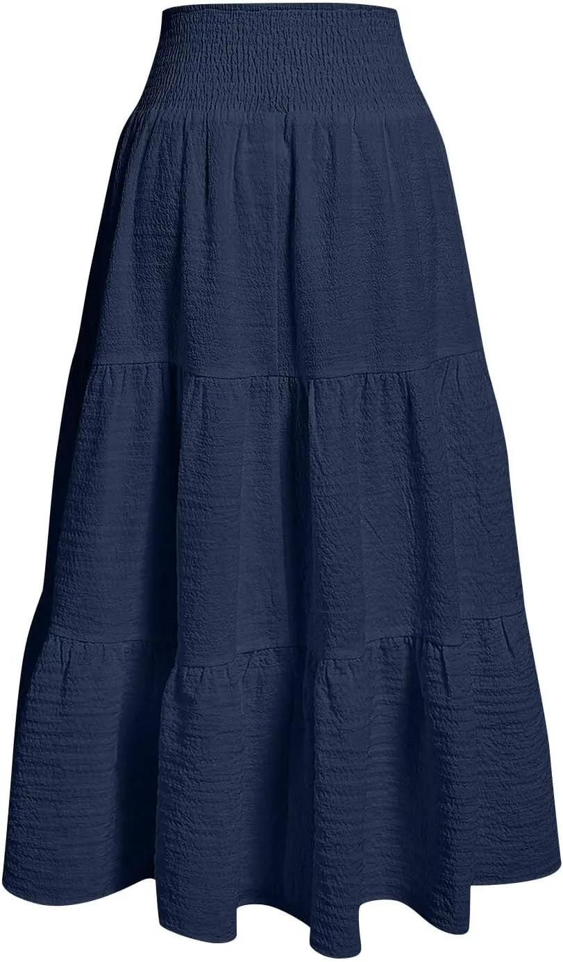 Linen Skirts for Women Smocked High Waisted Tiered Maxi Skirts Boho Summer Midi Length a Line Ruffle Long Flowy Skirts