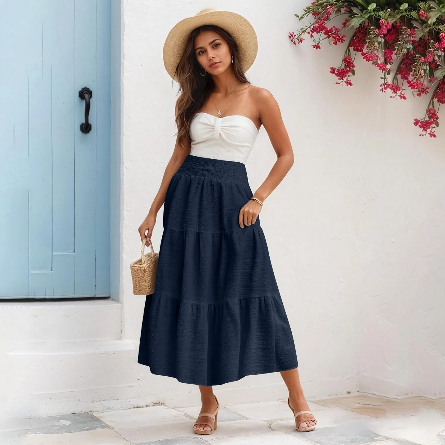 Linen Skirts for Women Smocked High Waisted Tiered Maxi Skirts Boho Summer Midi Length a Line Ruffle Long Flowy Skirts