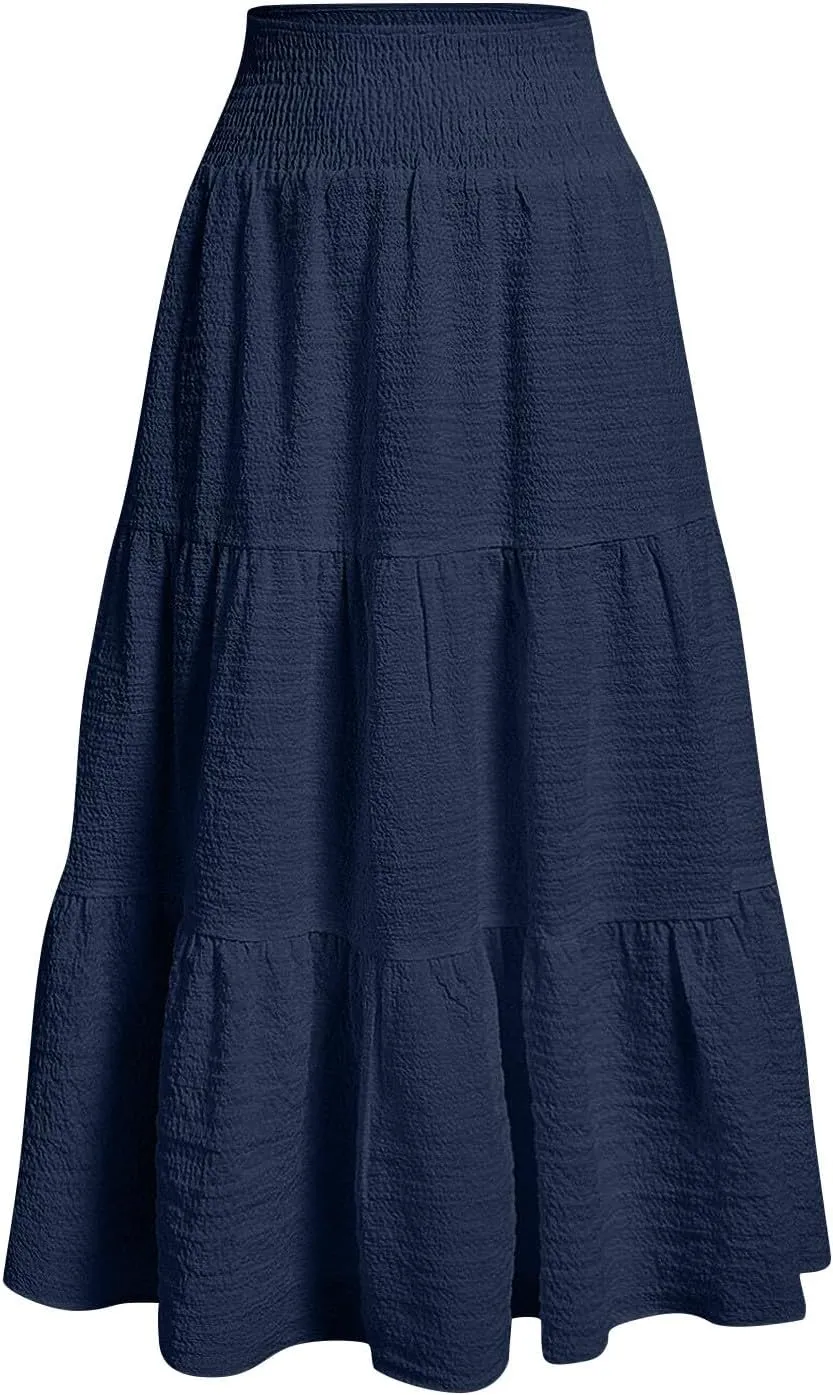 Linen Skirts for Women Smocked High Waisted Tiered Maxi Skirts Boho Summer Midi Length a Line Ruffle Long Flowy Skirts