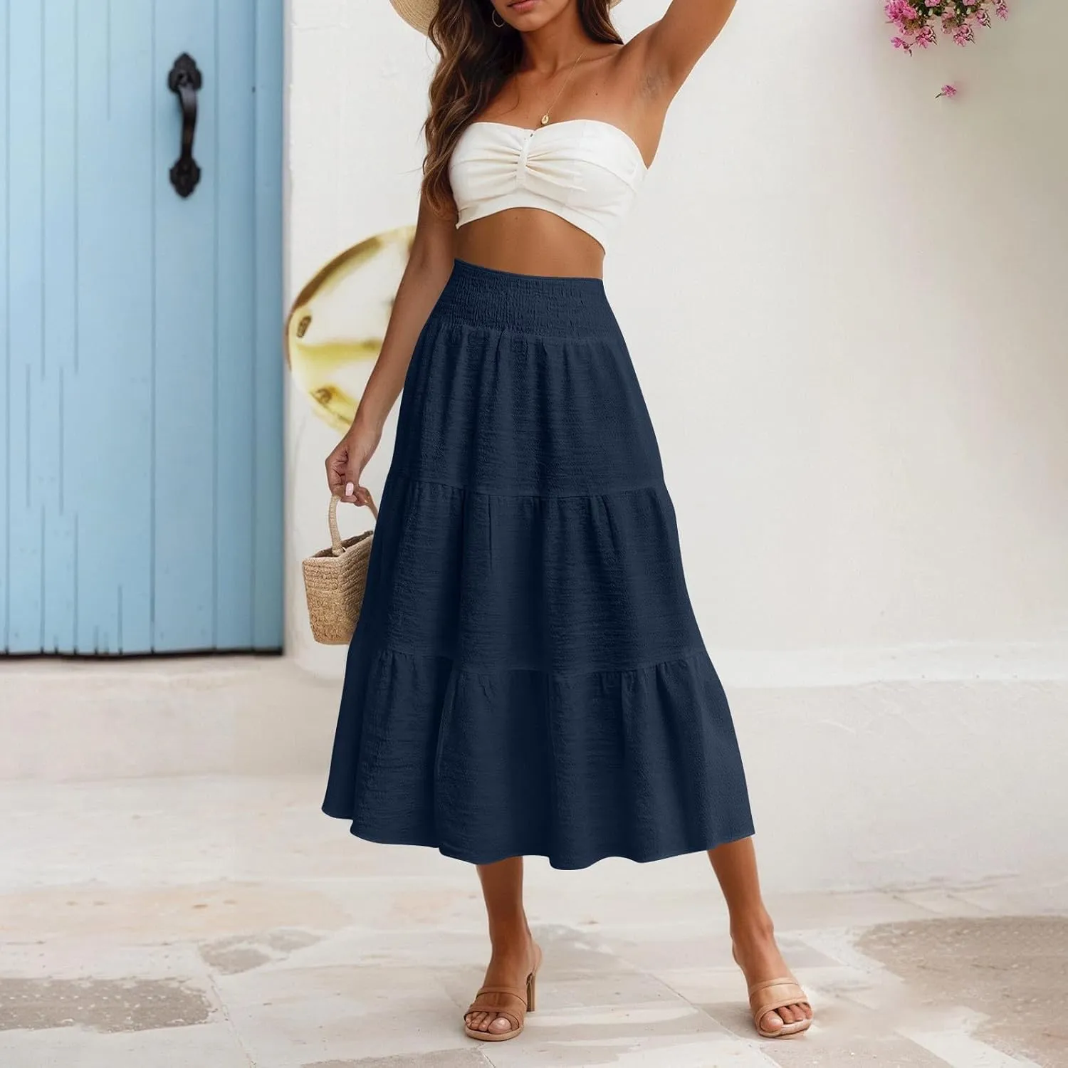 Linen Skirts for Women Smocked High Waisted Tiered Maxi Skirts Boho Summer Midi Length a Line Ruffle Long Flowy Skirts