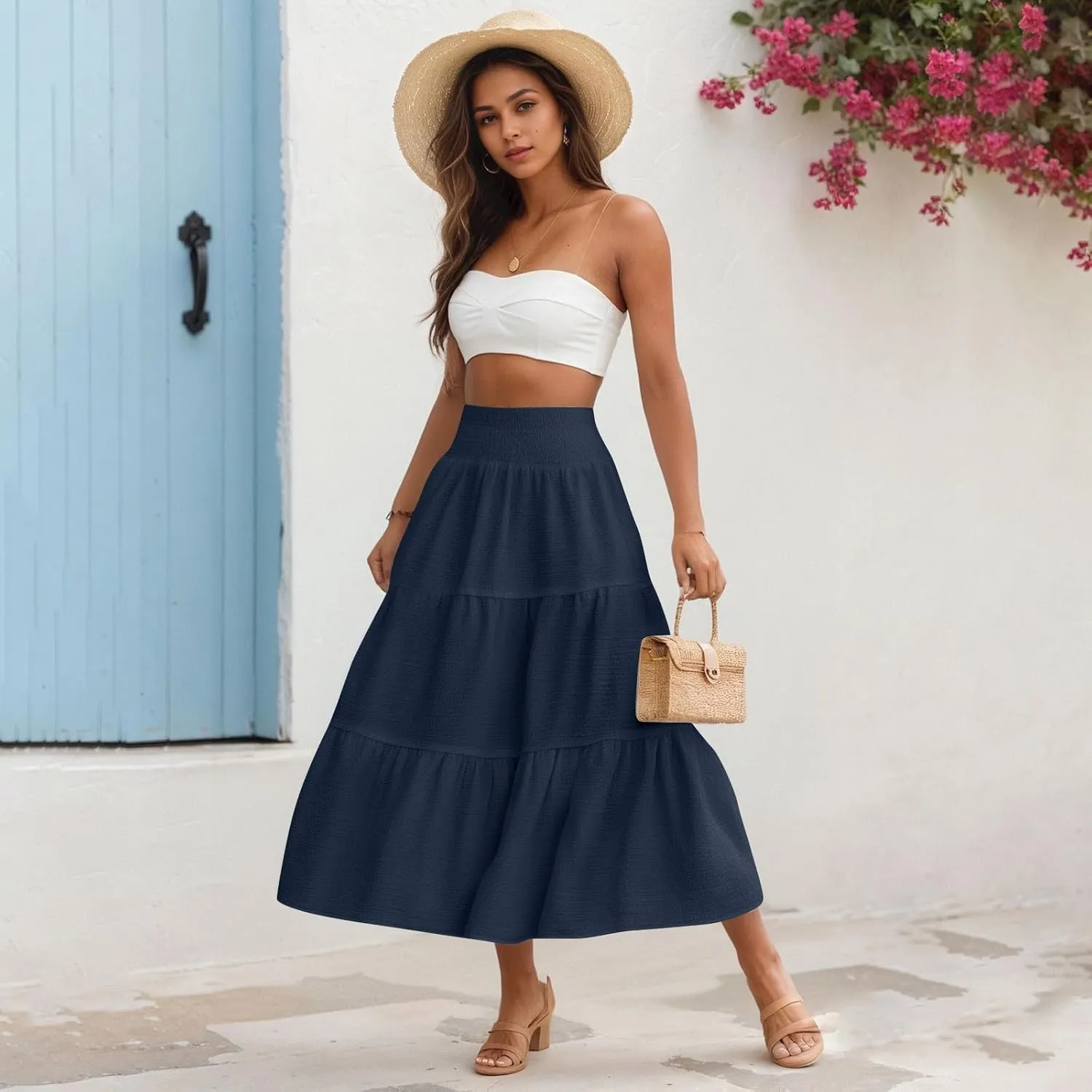 Linen Skirts for Women Smocked High Waisted Tiered Maxi Skirts Boho Summer Midi Length a Line Ruffle Long Flowy Skirts