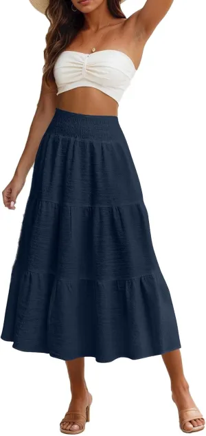 Linen Skirts for Women Smocked High Waisted Tiered Maxi Skirts Boho Summer Midi Length a Line Ruffle Long Flowy Skirts