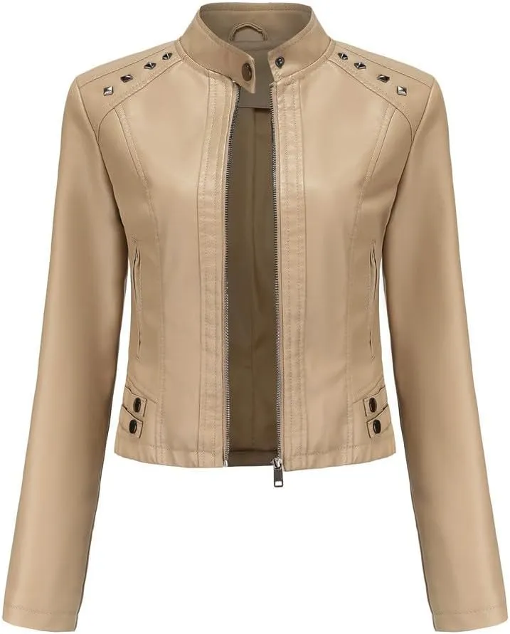 Lmdudan Women Faux Leather Short Jacket Studded Rivet Moto Biker PU Coat 2023 Fashion Zipper Motorcycle Outwear Streetwear