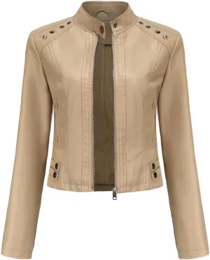 Lmdudan Women Faux Leather Short Jacket Studded Rivet Moto Biker PU Coat 2023 Fashion Zipper Motorcycle Outwear Streetwear