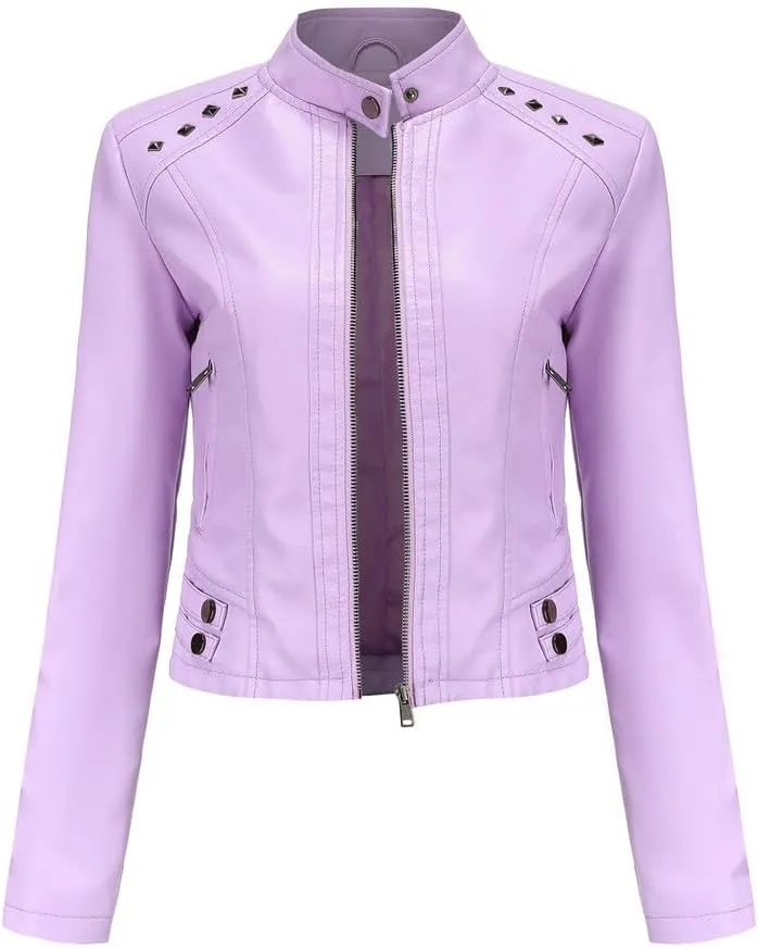 Lmdudan Women Faux Leather Short Jacket Studded Rivet Moto Biker PU Coat 2023 Fashion Zipper Motorcycle Outwear Streetwear