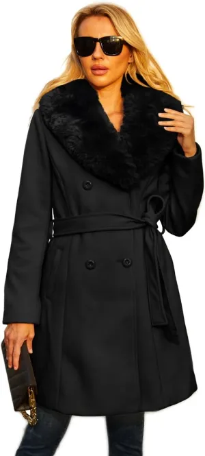 Long Pea Coat for Women Faux Leather Trench Coat Winter Outwear Womens Overcoat Casual Wrap Coat