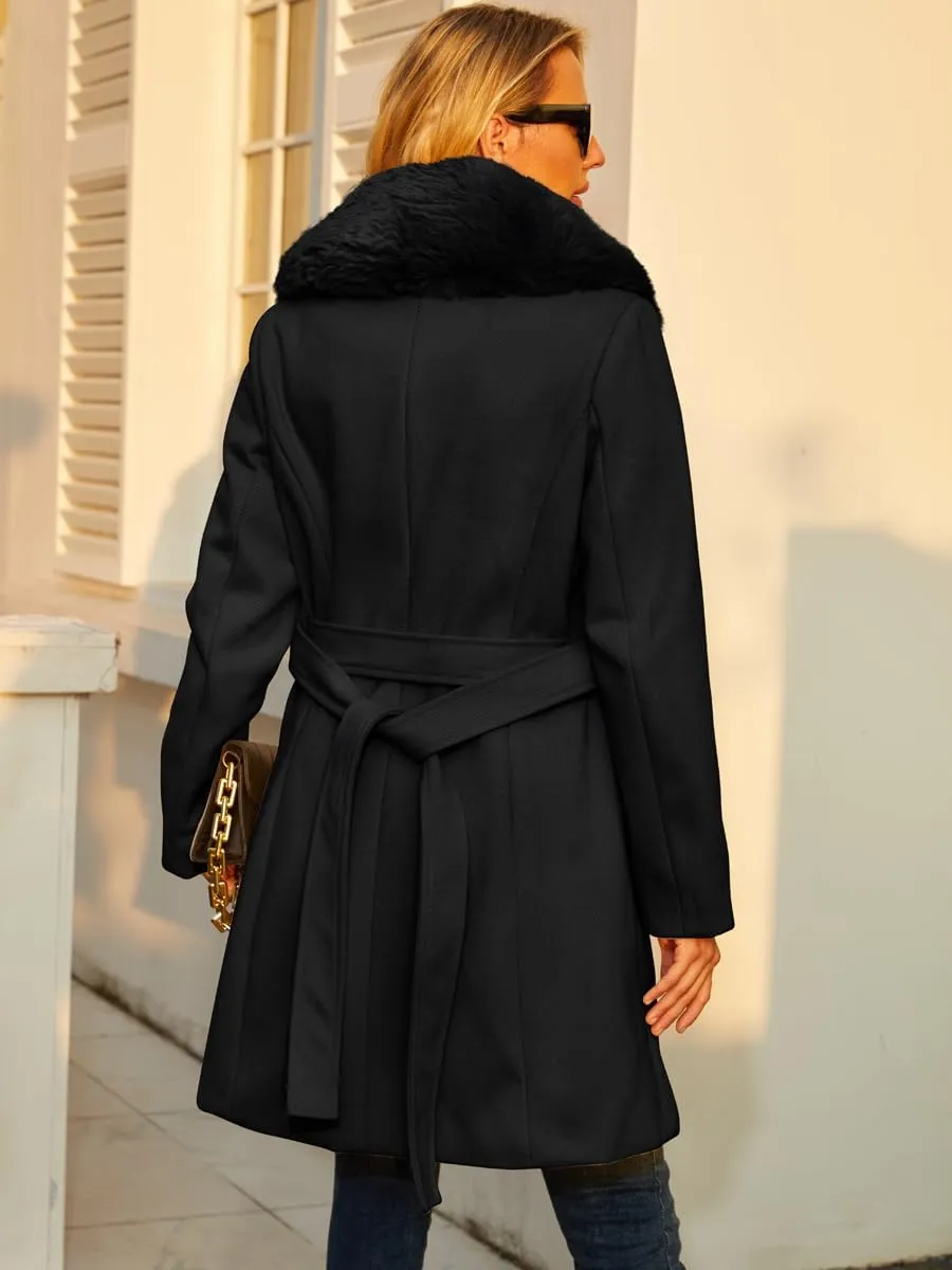 Long Pea Coat for Women Faux Leather Trench Coat Winter Outwear Womens Overcoat Casual Wrap Coat