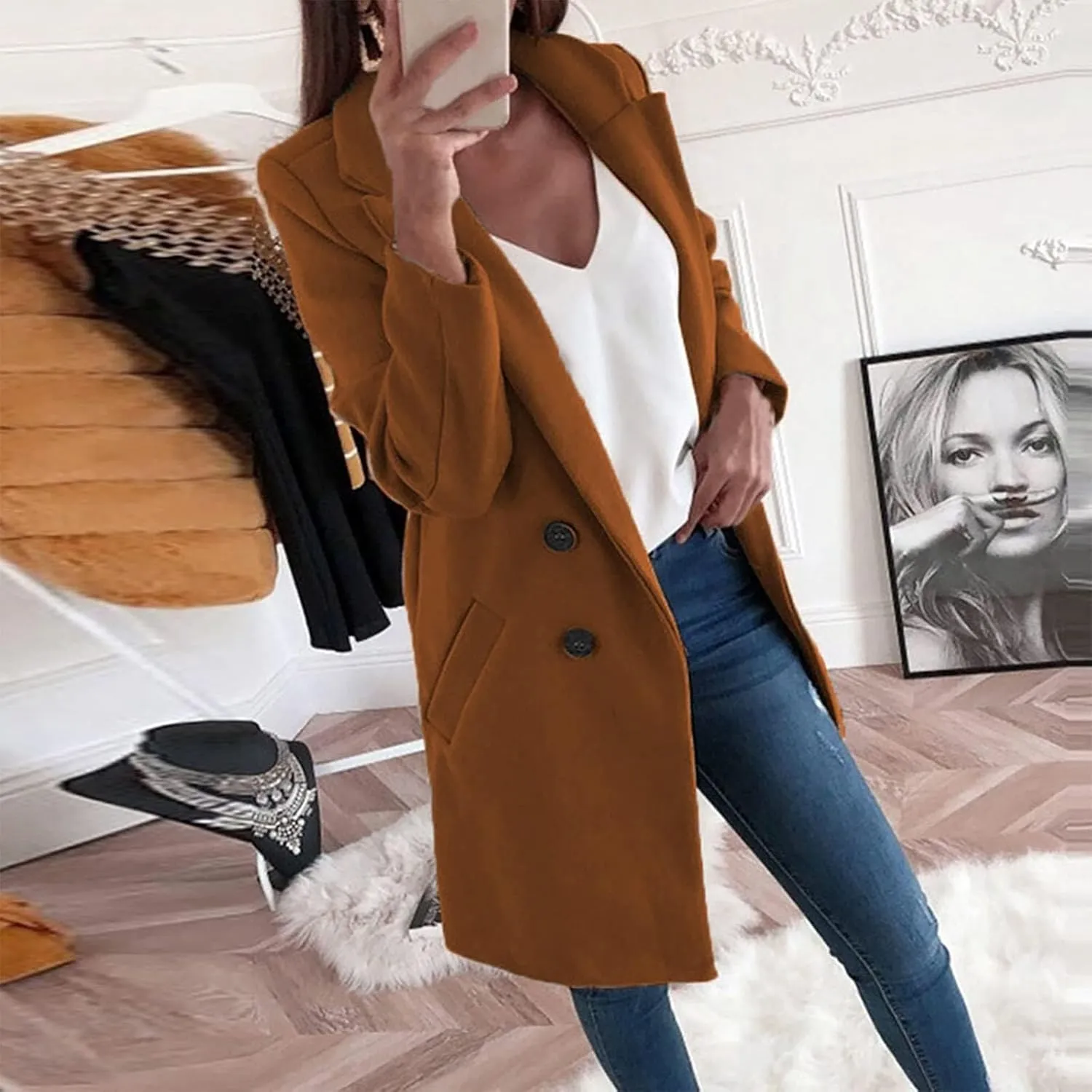Long Winter Coats for Women Double Breasted Blazer Camel Pea Trench Coats Lapel Workout Jacket Womens Fall Fashion