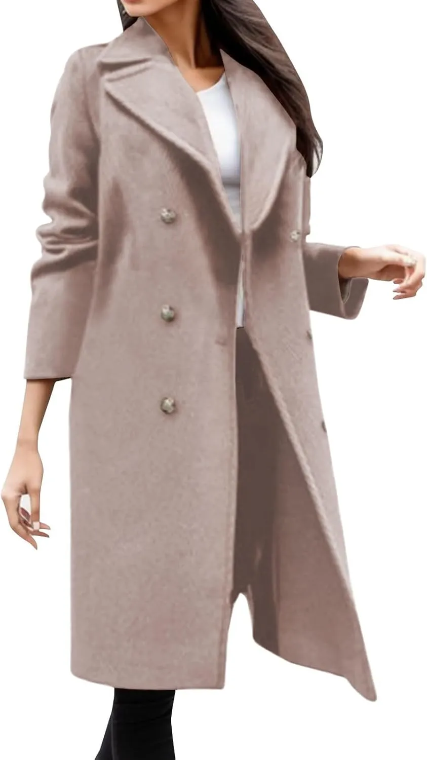 Long Wool Soft Coats for Women Double Breasted Trench Coat Winter Work Office Notch Lapel Overcoat Pocketed Outwear