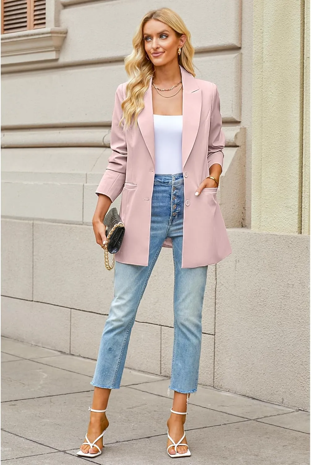 luvamia Blazers for Women Business Casual Long Blazer Jackets Dressy Work Professional Office Outfits Lapel Pockets