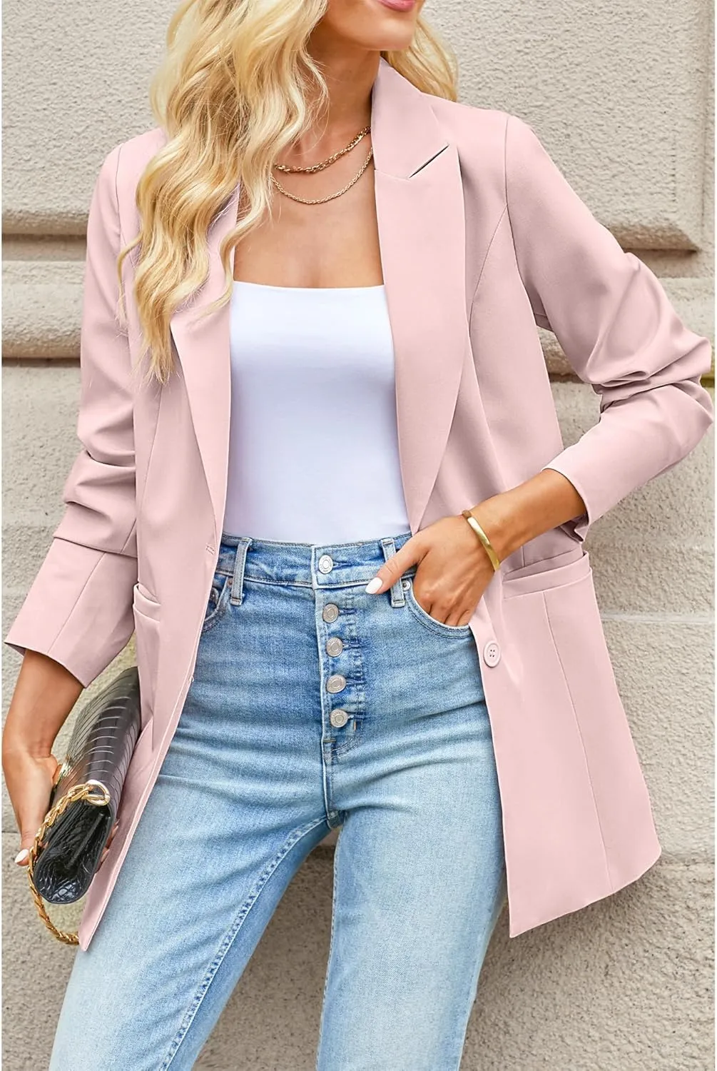 luvamia Blazers for Women Business Casual Long Blazer Jackets Dressy Work Professional Office Outfits Lapel Pockets