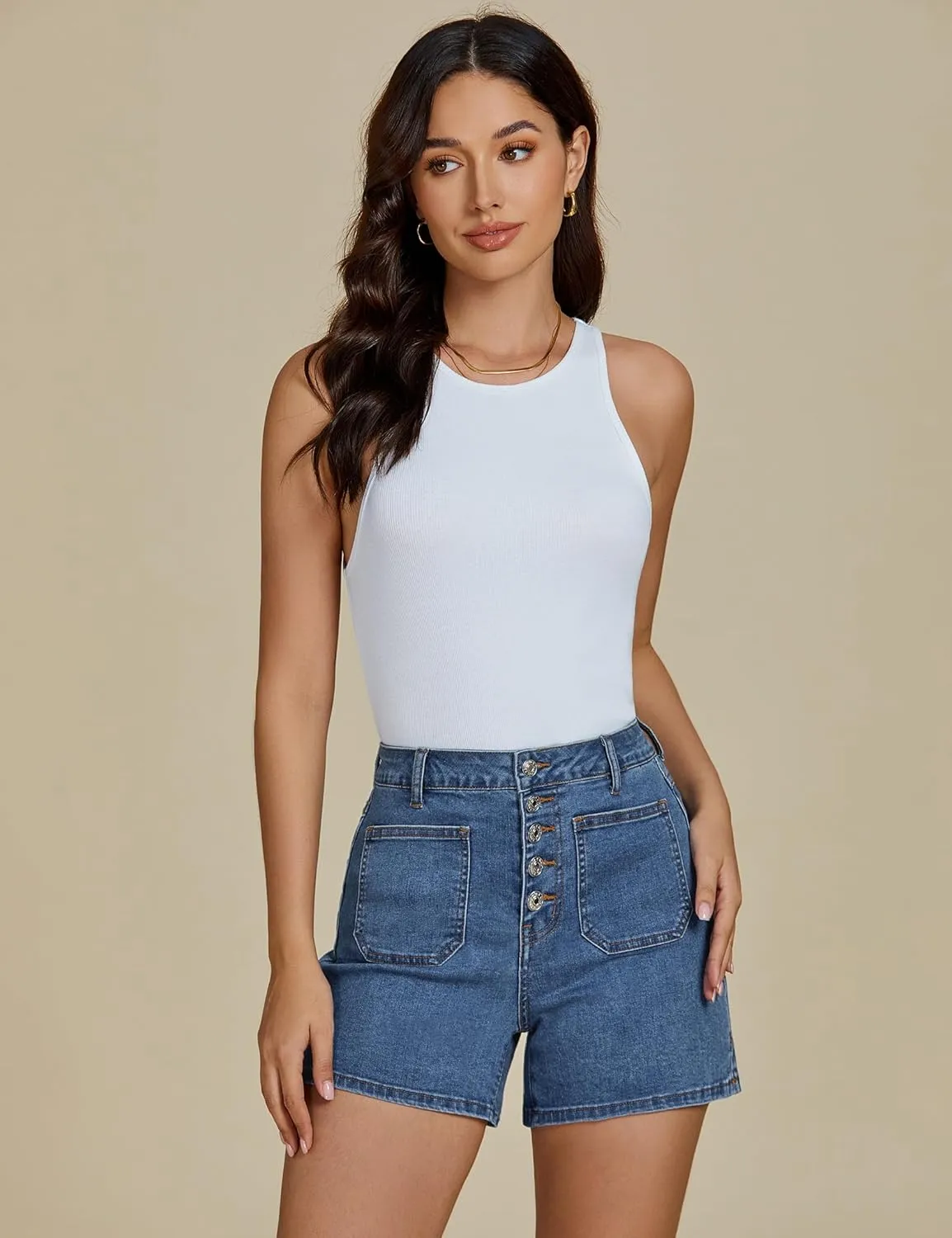 luvamia Jean Shorts Womens High Waisted Trendy Button Fly Patch Pocket Side Split Casual Summer Stretchy Denim Shorts