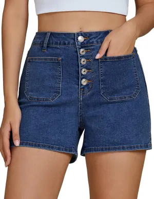 luvamia Jean Shorts Womens High Waisted Trendy Button Fly Patch Pocket Side Split Casual Summer Stretchy Denim Shorts