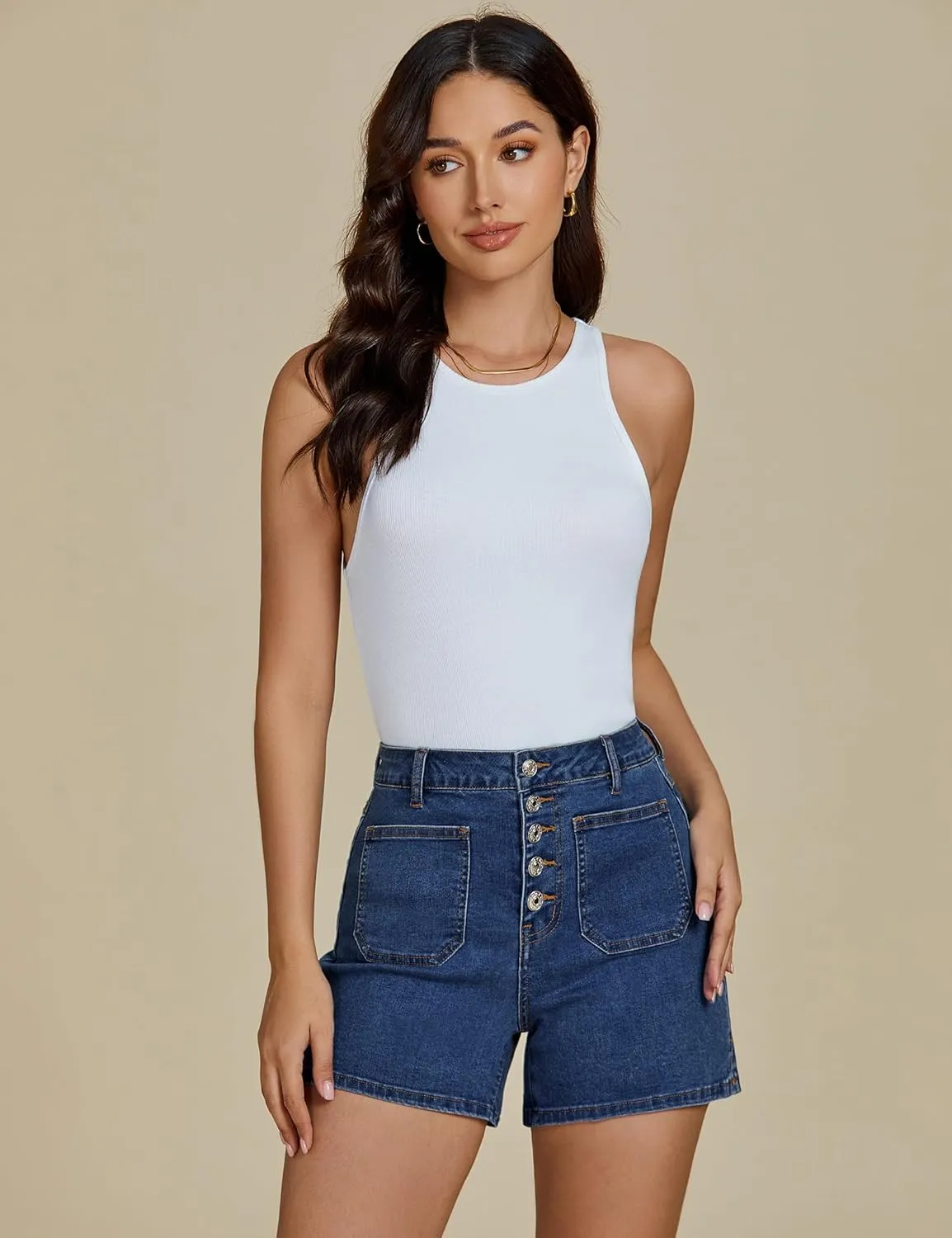 luvamia Jean Shorts Womens High Waisted Trendy Button Fly Patch Pocket Side Split Casual Summer Stretchy Denim Shorts