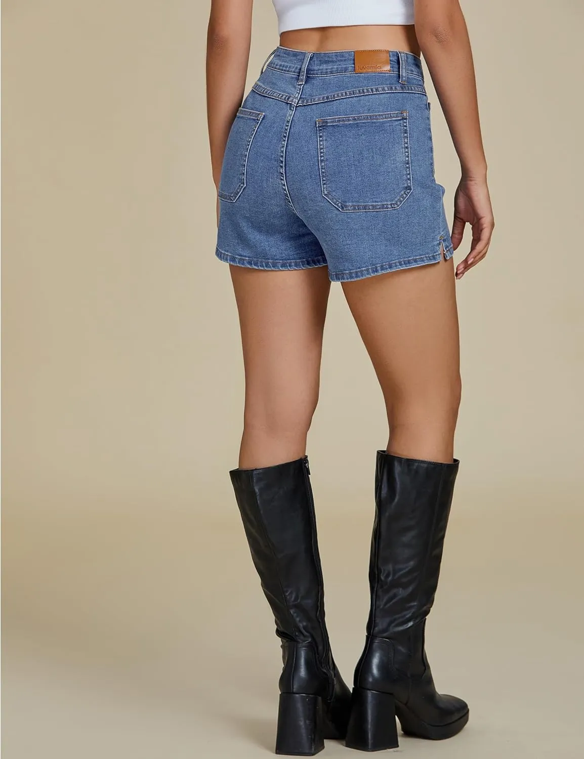 luvamia Jean Shorts Womens High Waisted Trendy Button Fly Patch Pocket Side Split Casual Summer Stretchy Denim Shorts