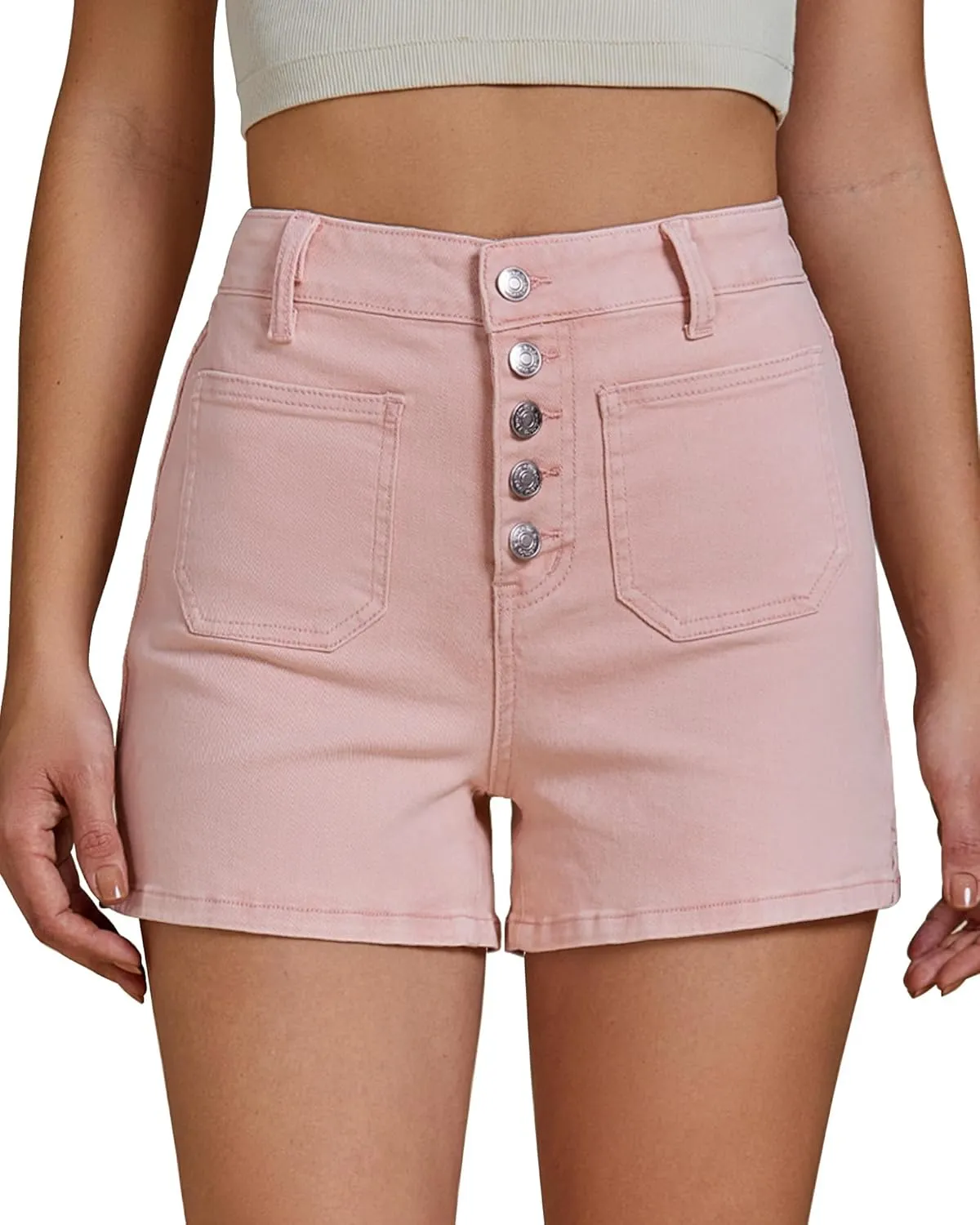 luvamia Jean Shorts Womens High Waisted Trendy Button Fly Patch Pocket Side Split Casual Summer Stretchy Denim Shorts