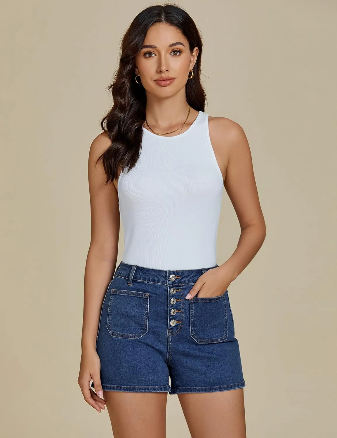 luvamia Jean Shorts Womens High Waisted Trendy Button Fly Patch Pocket Side Split Casual Summer Stretchy Denim Shorts