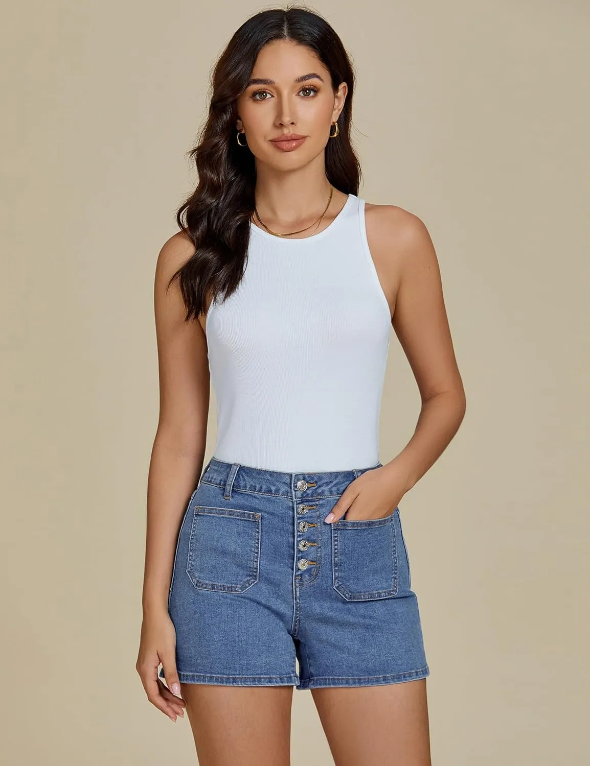 luvamia Jean Shorts Womens High Waisted Trendy Button Fly Patch Pocket Side Split Casual Summer Stretchy Denim Shorts