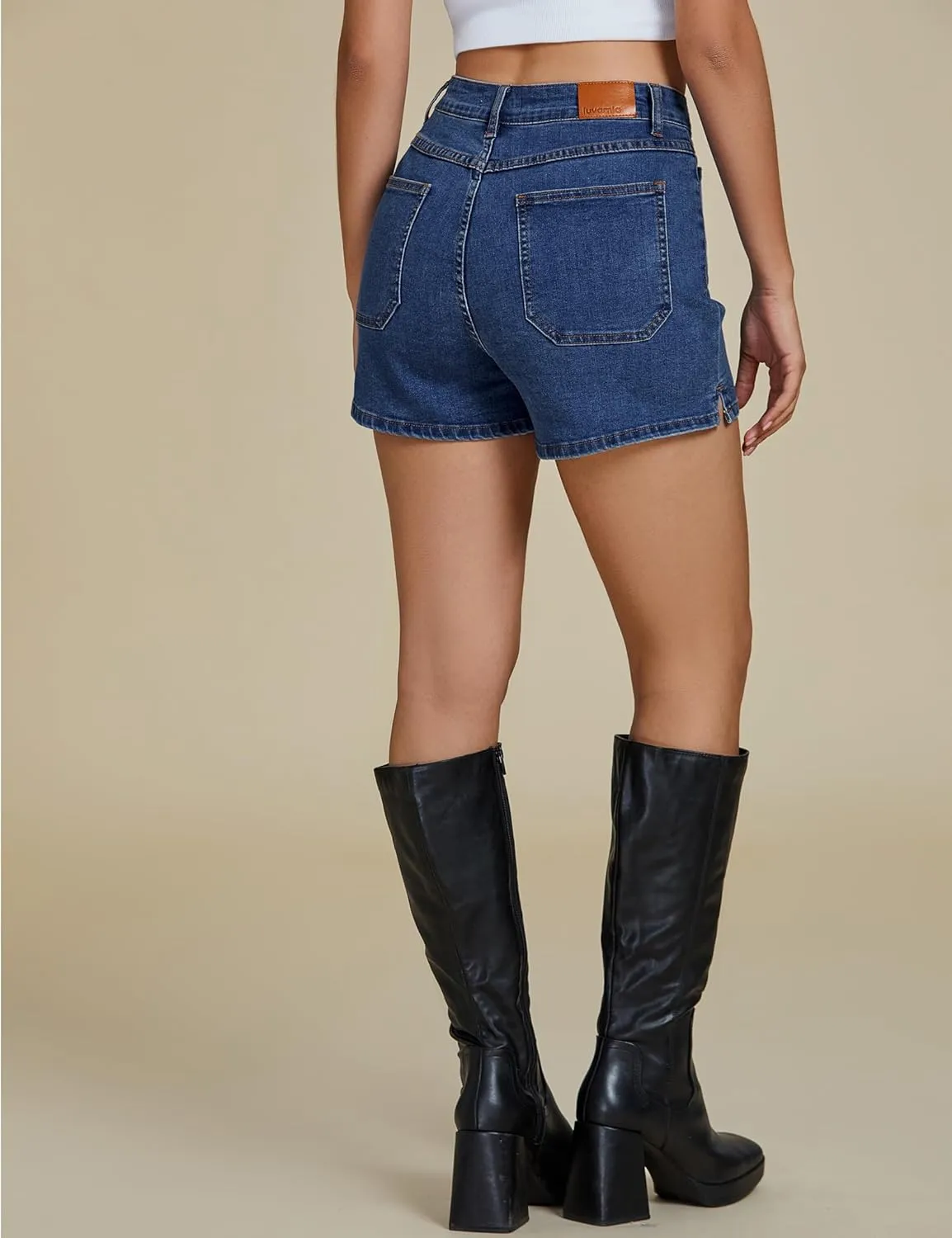 luvamia Jean Shorts Womens High Waisted Trendy Button Fly Patch Pocket Side Split Casual Summer Stretchy Denim Shorts